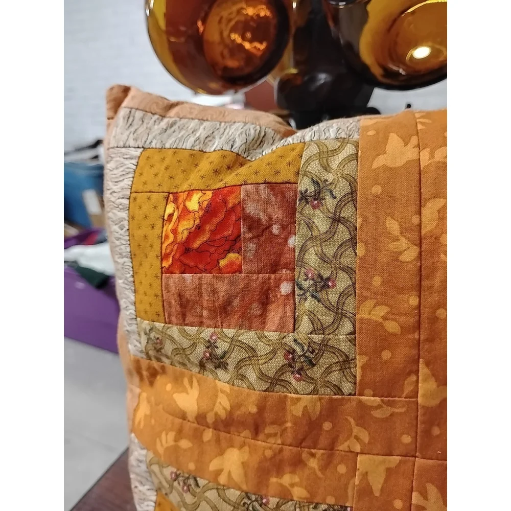 Handmade Patchwork Pillow Quilted Log Cabin Window‎ Floral 70's